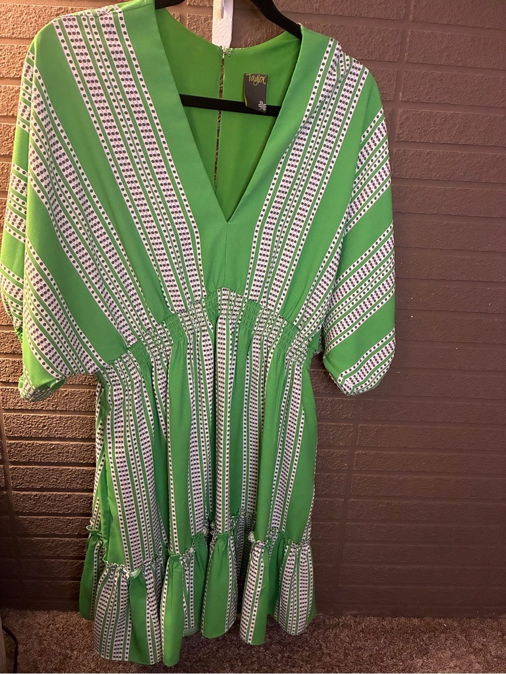 Taylor Green White Polka Dot Stripe Tiered Midi Dress Size Large